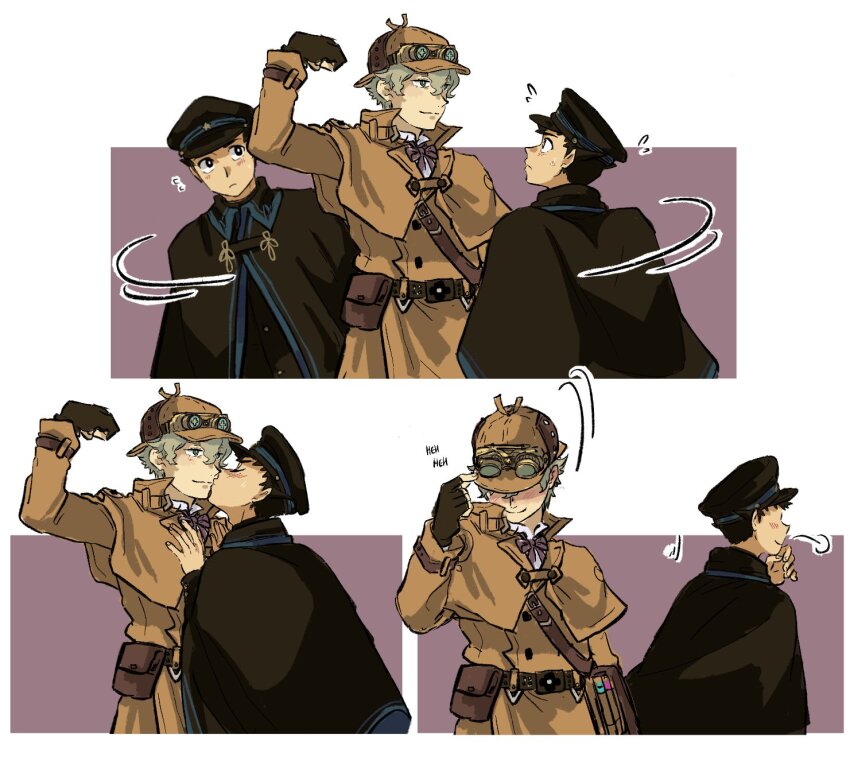 2boys, ace_attorney, belt, belt_pouch, black_cape, black_eyes, black_hair, black_headwear