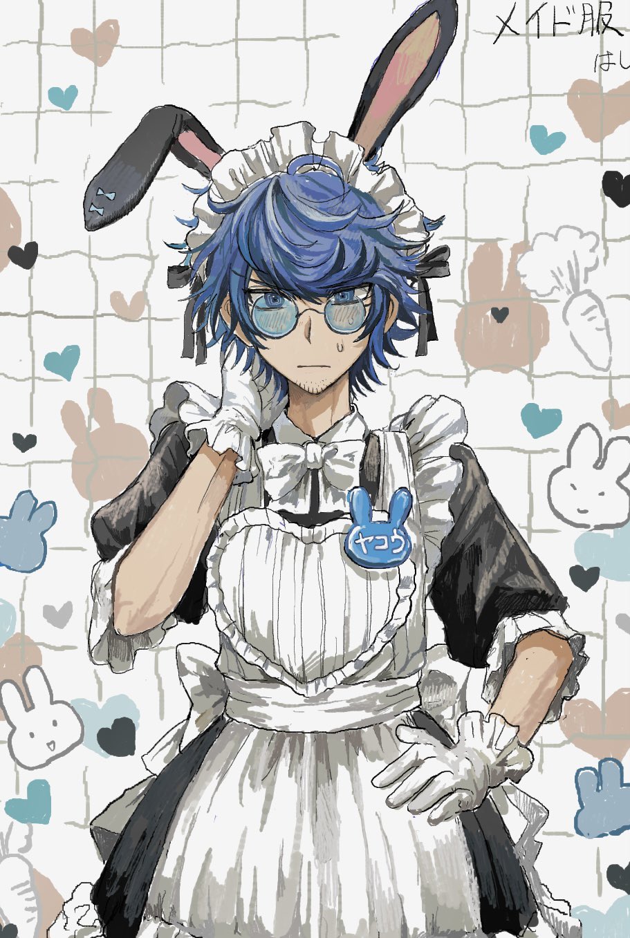 1boy, alternate_costume, animal_ears, apron, artist_name, black_dress, blue-tinted_eyewear, blue_eyes