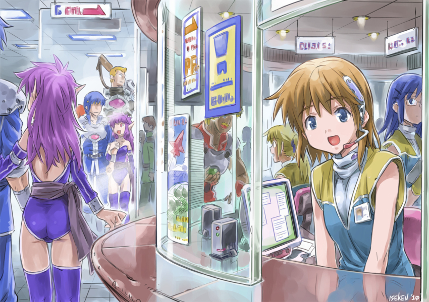 1980s_(style), 4boys, 4girls, arm_hug, ass, blue_eyes, brown_hair, computer, elbow_gloves, eusis_landale, from_behind, gloves, headset, isedaichi_ken, leotard, long_hair, merchant, multiple_boys, multiple_girls, nei, oldschool, phantasy_star, phantasy_star_ii, pointy_ears, purple_hair, reflection, retro_artstyle, rudger_steiner, sega, shop, short_hair, sleeveless, smile, thighhighs, trefoil, wedgie