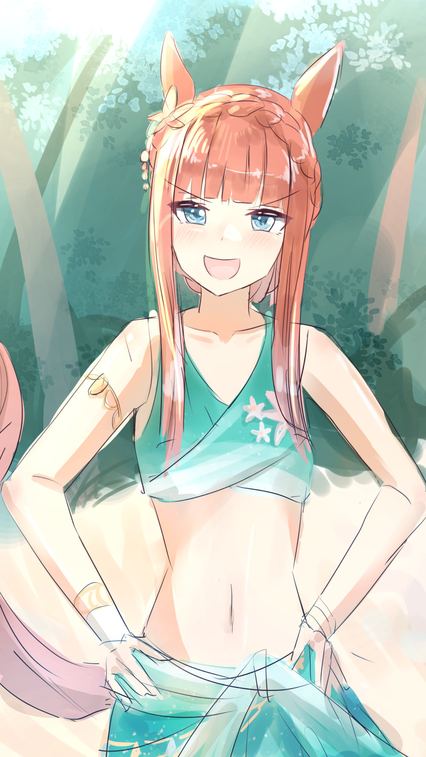 1girl, :d, absurdres, animal_ears, aqua_eyes, bikini, blush, braid