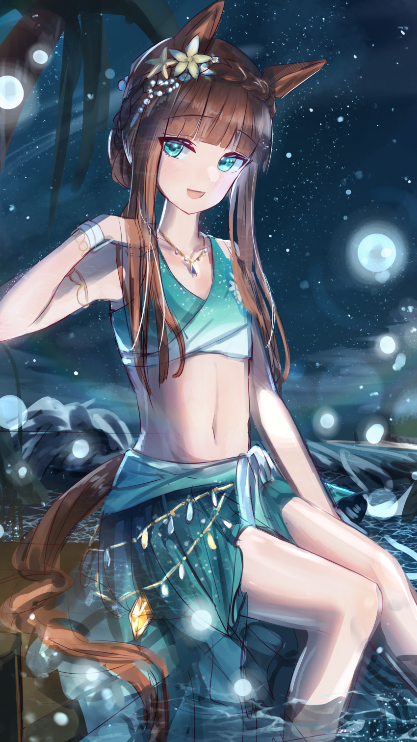 1girl, :d, absurdres, animal_ears, aqua_eyes, bikini, braid, breasts