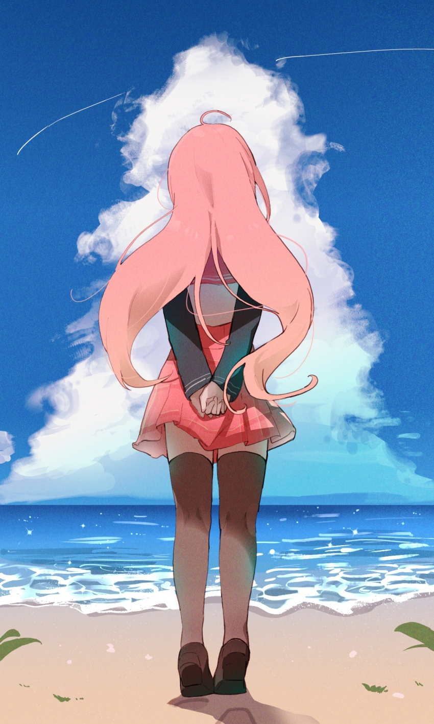 1girl, ahoge, arms_behind_back, beach, black_sleeves, blue_sky, brown_shoes, brown_thighhighs
