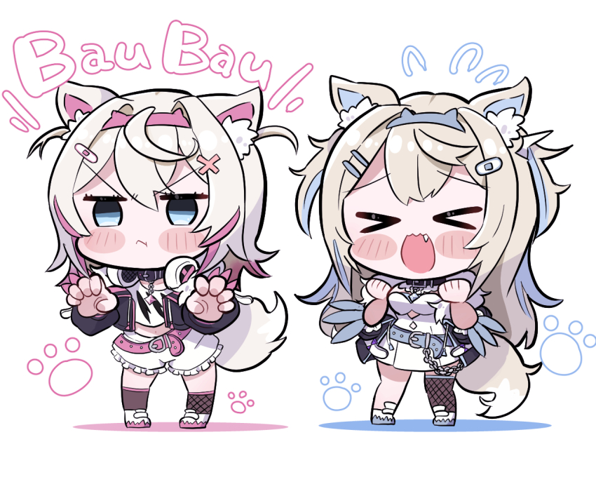 >_<, 2girls, animal_collar, animal_ears, bandaid, bandaid_hair_ornament, belt, black_collar