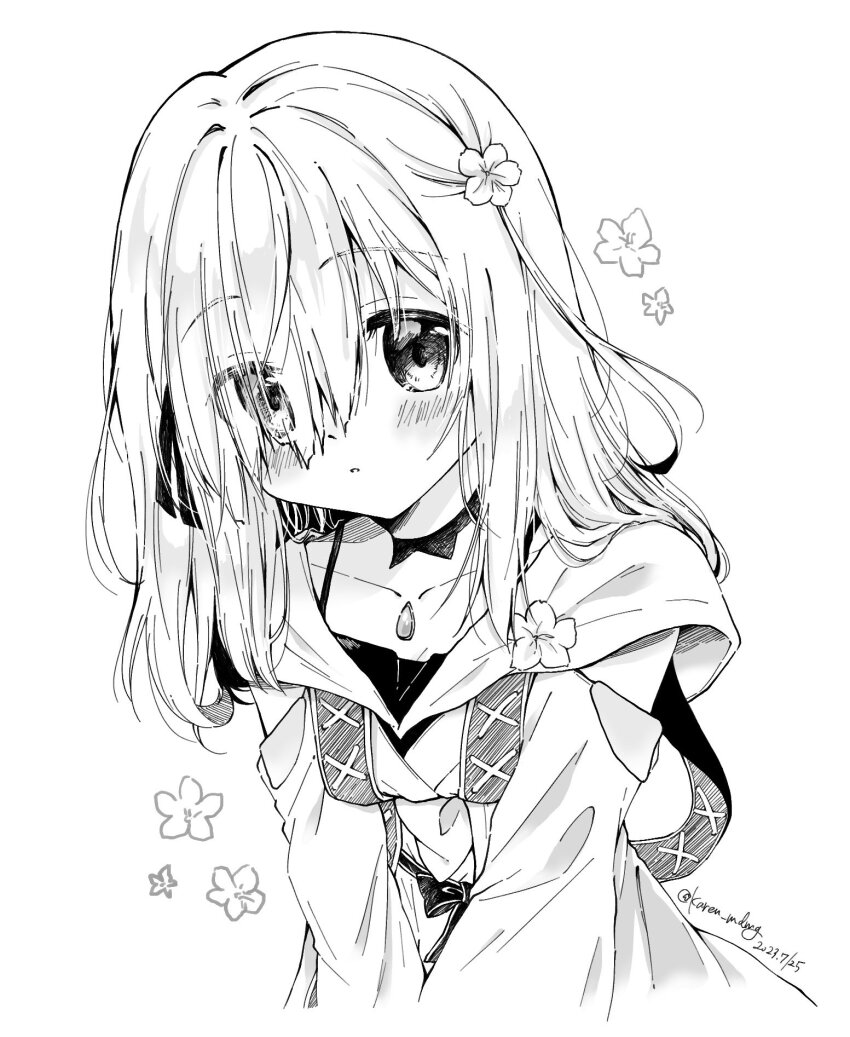 1girl, blush, chest_jewel, choker, clothing_cutout, cropped_torso, dated, dot_nose
