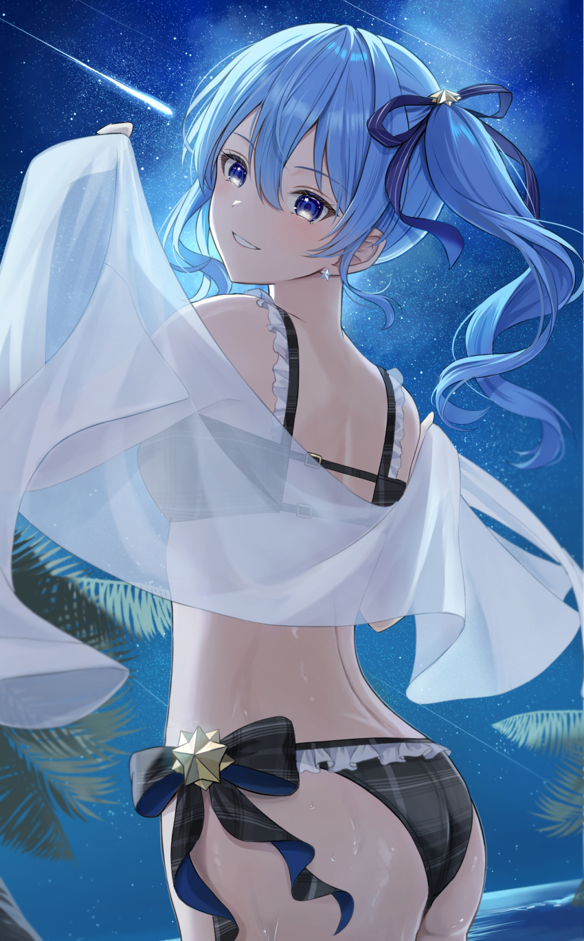 1girl, absurdres, ass, back, bikini, blue_eyes, blue_hair, bow, from_behind, grin, hair_ribbon, highres, holding_shawl, hololive, hoshimachi_suisei, looking_at_viewer, looking_back, nakaneabura8623, night, ocean, outdoors, parted_lips, plaid_bikini, plaid_bow, plaid_clothes, ribbon, see-through_clothes, see-through_shawl, shawl, shooting_star, side_ponytail, sky, smile, solo, star_(sky), star_(symbol), star_in_eye, starry_sky, swimsuit, symbol_in_eye, virtual_youtuber, wet