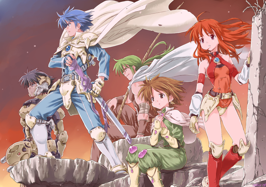 2boys, 3girls, android, armor, bare_shoulders, boots, brown_hair, cape, earrings, forren, hands_on_own_chest, isedaichi_ken, jewelry, joints, kein_(phantasy_star), knee_boots, lena_(phantasy_star), leotard, long_hair, lyle_(phantasy_star), mieu_(phantasy_star), multiple_boys, multiple_girls, orange_hair, phantasy_star, phantasy_star_iii, red_eyes, red_hair, robot_joints, searren, searren_(phantasy_star), sega, short_hair, sword, weapon
