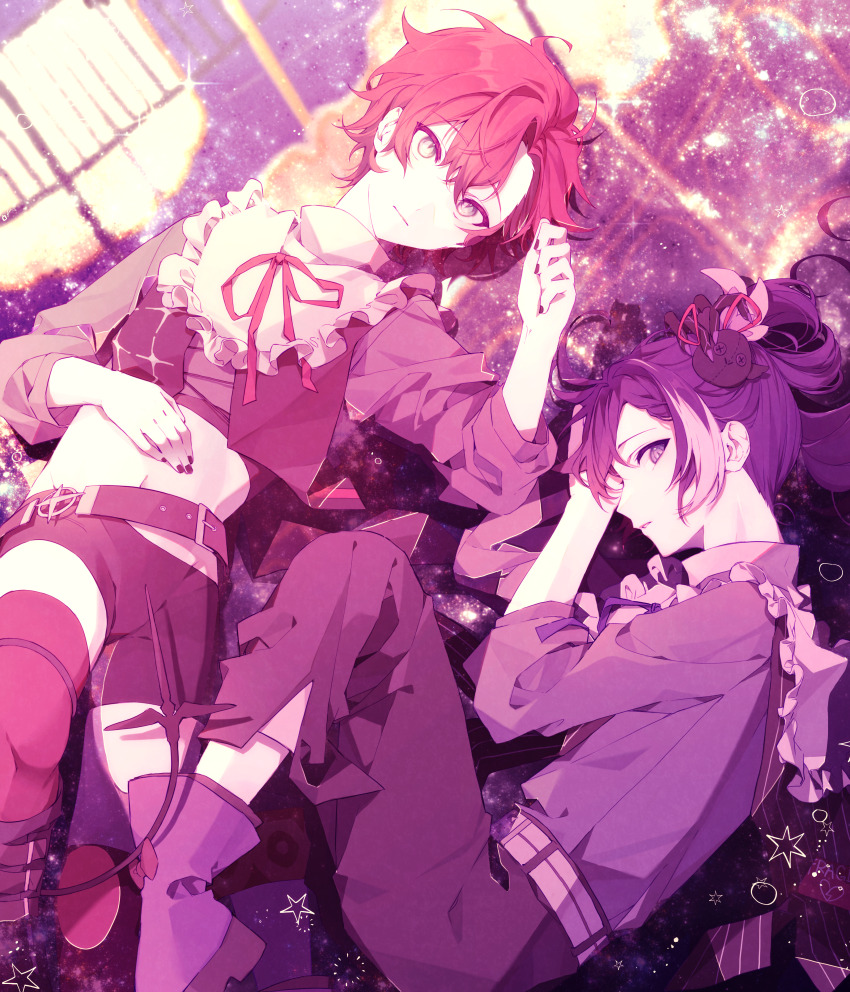 2boys, absurdres, banzoin_hakka, belt, boots, cheese_oho, expressionless, fetal_position