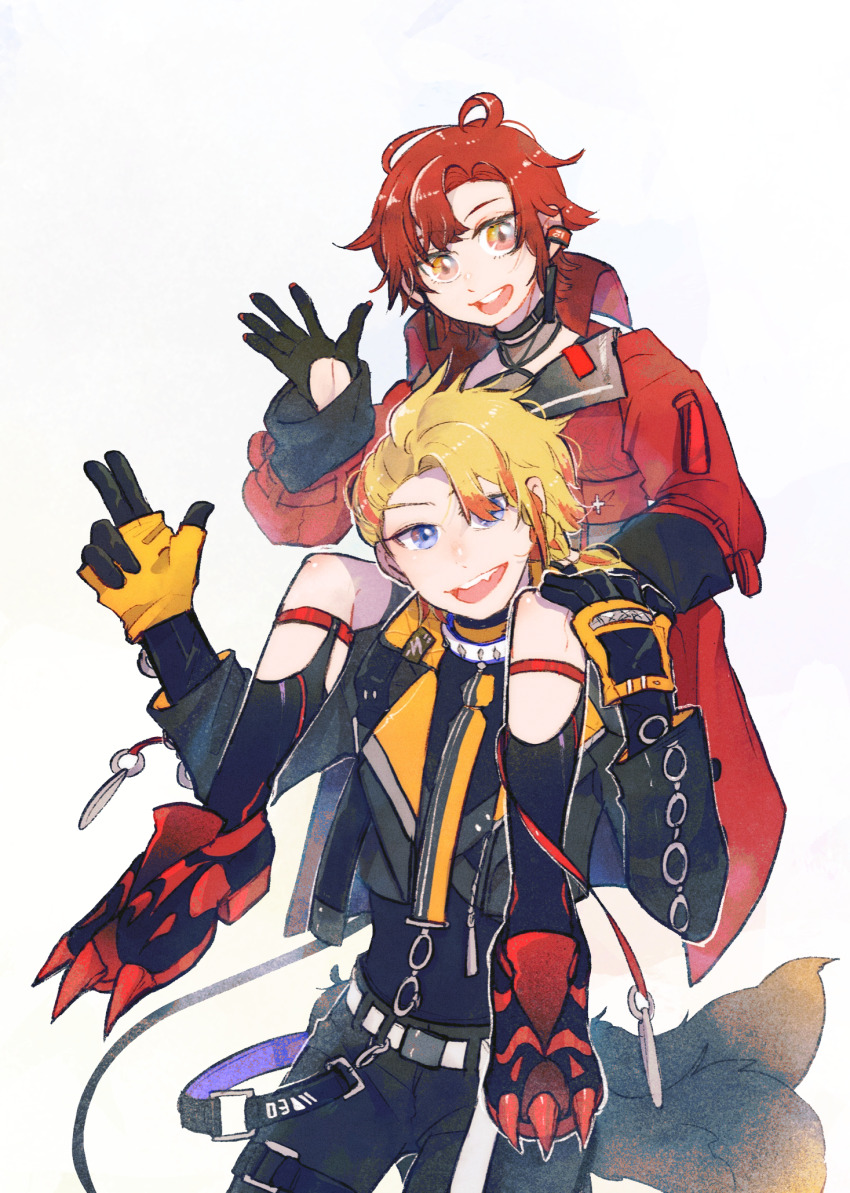 2boys, axel_syrios, black_choker, black_gloves, blonde_hair, blue_eyes, braid, carrying, choker, coat, earrings, fang, gloves, hair_between_eyes, happy, highres, holostars, holostars_english, holotempus, jacket, jewelry, licwiz1103, looking_at_viewer, machina_x_flayon, male_focus, multicolored_eyes, multicolored_hair, multiple_boys, multiple_tails, open_clothes, open_jacket, pants, piggyback, red_coat, red_footwear, red_hair, side_braid, simple_background, smile, sparkle, standing, tail, teeth, two_tails, upper_teeth_only, virtual_youtuber, white_background, yellow_gloves