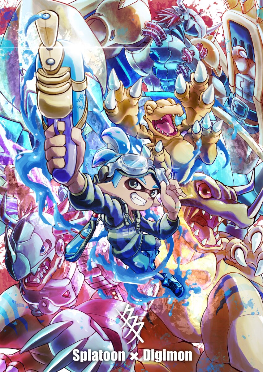 absurdres, agumon, armor, cyborg, digimon, digimon_(creature), evolutionary_line, greymon