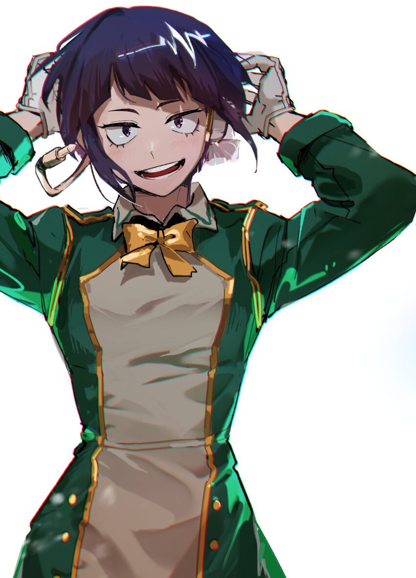 1girl, arms_up, boku_no_hero_academia, bow, bowtie, breasts, gloves, highres, jiro_kyoka, kohamustoto, looking_ahead, looking_at_viewer, purple_eyes, purple_hair, short_hair, simple_background, small_breasts, smile, solo, uniform, white_background, white_gloves