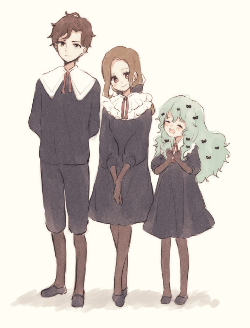 1boy, 2girls, aged_down, anthony_(shadows_house), arms_behind_back, barbie_(shadows_house), black_dress, black_footwear, black_pants, black_shirt, blush, bow, brown_eyes, brown_gloves, brown_pantyhose, brown_socks, closed_eyes, closed_mouth, collared_dress, crossed_legs, dress, freckles, full_body, gloves, green_hair, hair_bow, hands_up, happy, height_difference, highres, kohori, long_hair, long_sleeves, looking_at_viewer, low_ponytail, multiple_girls, neck_ribbon, open_mouth, own_hands_together, pants, pantyhose, parted_bangs, parted_hair, ponytail, puffy_long_sleeves, puffy_sleeves, red_ribbon, ribbon, rosemary_(shadows_house), shadows_house, shirt, shoes, short_hair, simple_background, smile, socks, uniform, w_arms, white_background