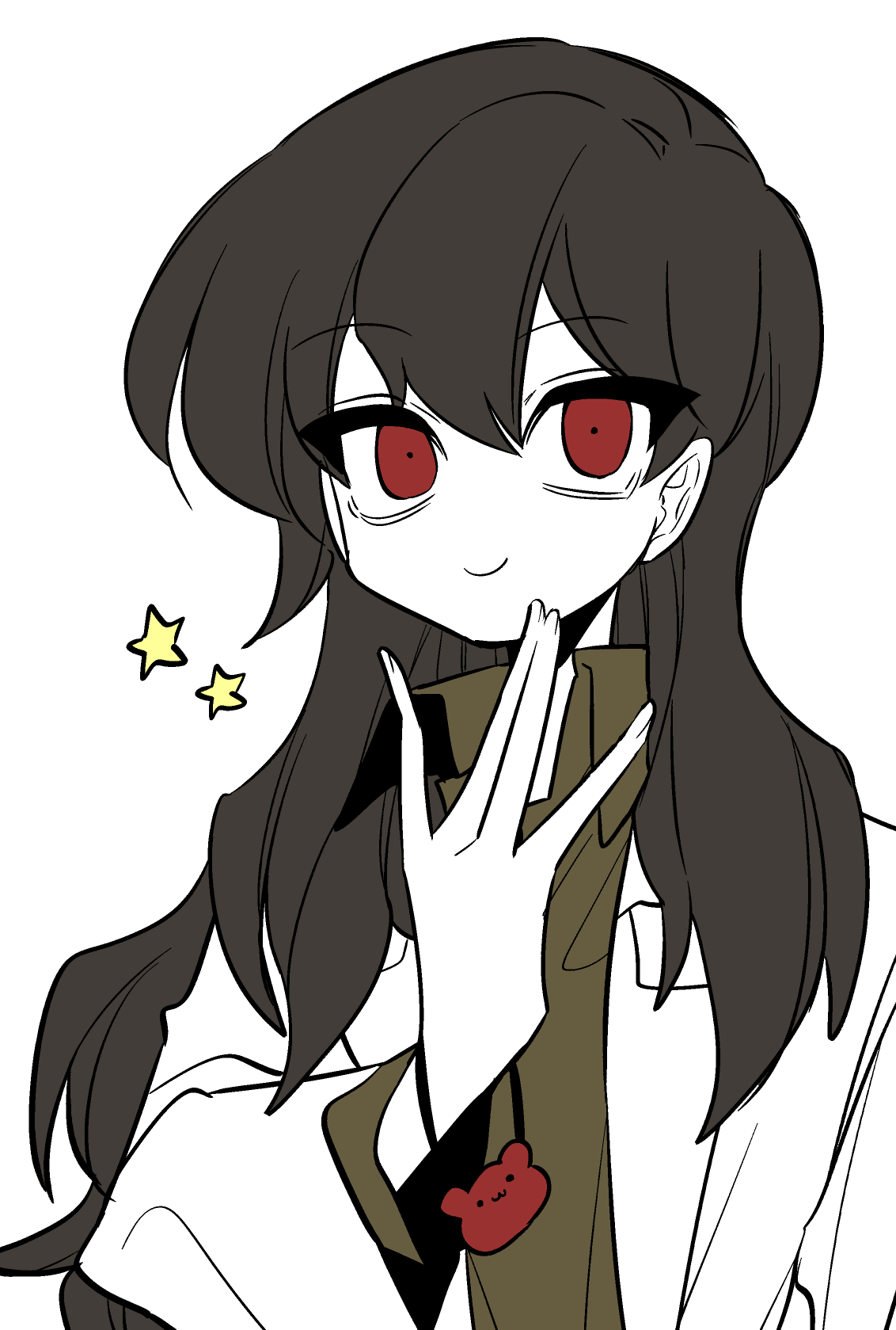 1girl, 69_ronku, bear_hair_ornament, brown_hair, carmen_(project_moon), closed_mouth, collared_shirt, green_shirt, hair_ornament, highres, jacket, lobotomy_corporation, long_hair, long_sleeves, looking_at_viewer, project_moon, red_eyes, shirt, smile, solo, star_(symbol), upper_body, very_long_hair, white_jacket