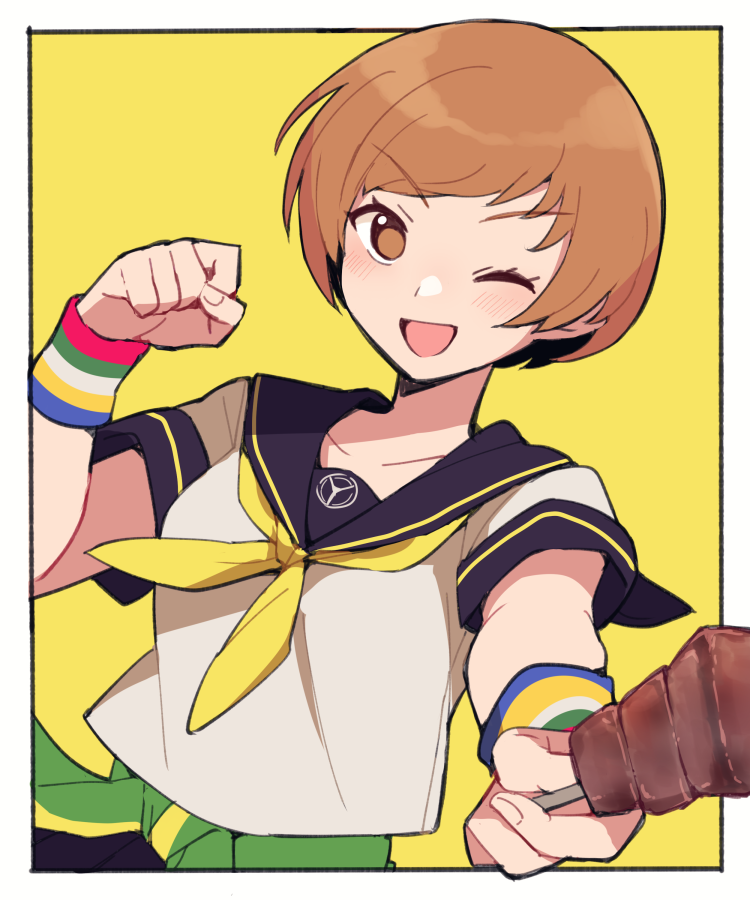 1hao_(@cerbero64), brown_eyes, brown_hair, clothes_around_waist, collarbone, do_m_kaeru, green_jacket, jacket, jacket_around_waist, neck_ribbon, one_eye_closed, persona, persona_4, ribbon, satonaka_chie, school_uniform, serafuku, short_hair, skewer, solo, upper_body, wristband, yasogami_school_uniform, yellow_ribbon