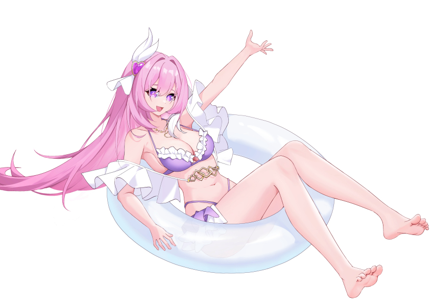 1girl, absurdres, barefoot, bikini, elysia_(herrscher_of_human:_ego)_(honkai_impact), elysia_(honkai_impact), elysia_(summer_2023)_(honkai_impact), feet