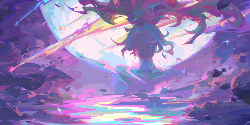 akali, asymmetrical_hair, dreamway, falling_star, fire, glowing, highres, landscape