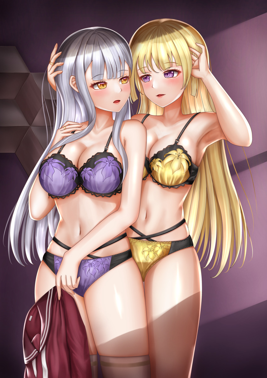 2girls, armpits, arms_up, assault_lily, bare_arms, bare_shoulders, behind_another, blonde_hair, blunt_bangs, blush, bra, breasts, brown_sailor_collar, cleavage, collarbone, commentary_request, cowboy_shot, eye_contact, floral_print, grey_hair, hand_in_own_hair, hand_on_another's_head, hand_on_own_shoulder, hand_up, highres, holding, holding_unworn_clothes, holding_shirt, imai_tomohiro, indoors, jewelry, kanba_girls_high_school_uniform, kon_kanaho, large_breasts, light_smile, long_hair, long_sleeves, looking_at_another, looking_to_the_side, miyagawa_takane, multi-strapped_panties, multiple_girls, navel, necktie, panties, parted_lips, print_bra, print_panties, purple_bra, purple_panties, red_shirt, ring, sailor_collar, school_uniform, serafuku, shade, shirt, sidelocks, standing, stomach, thighhighs, underwear, underwear_only, undone_necktie, unworn_shirt, very_long_hair, white_necktie, white_thighhighs, yellow_bra, yellow_panties, yuri