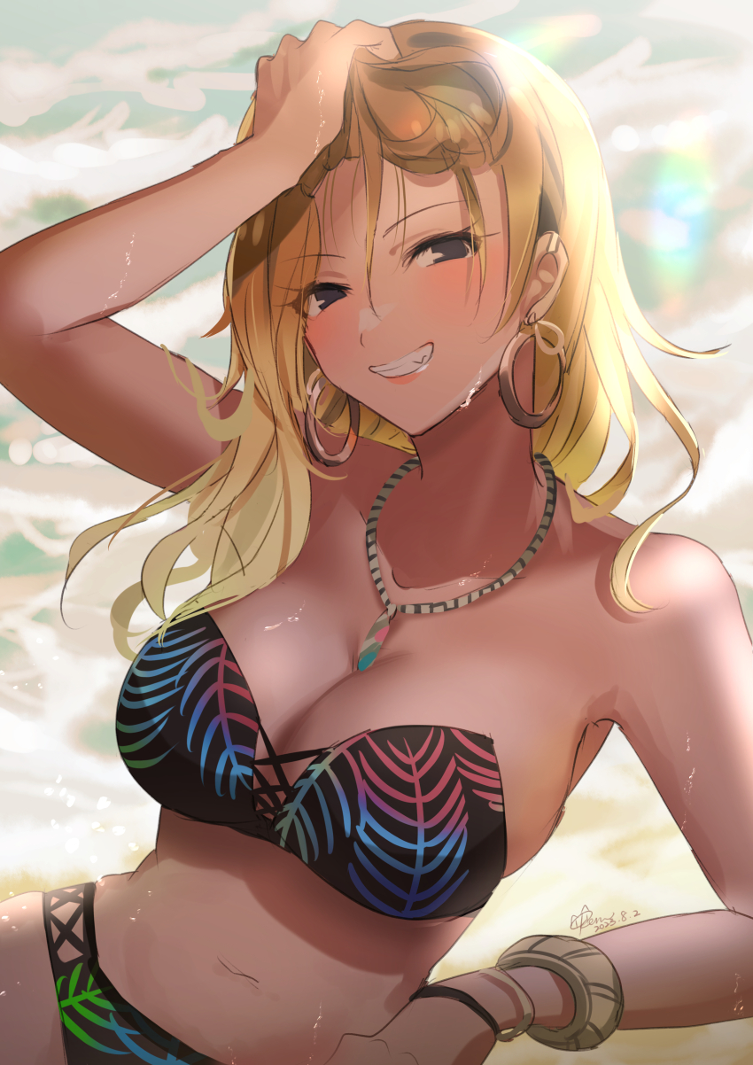 1girl, absurdres, bikini, black_bikini, blush, bracelet, breasts, brown_hair