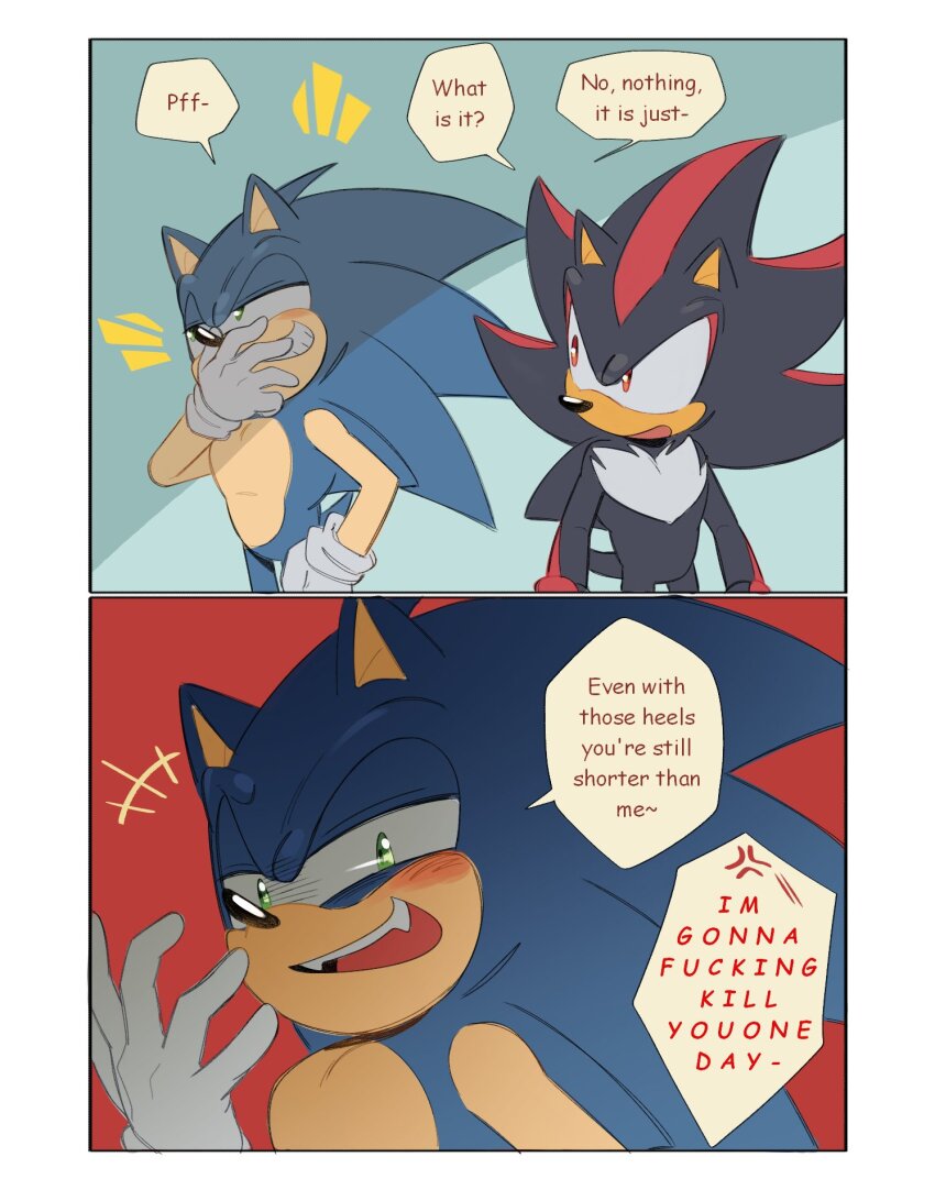 2boys, anger_vein, animal_ears, animal_nose, black_fur, blue_background, blue_fur, blush