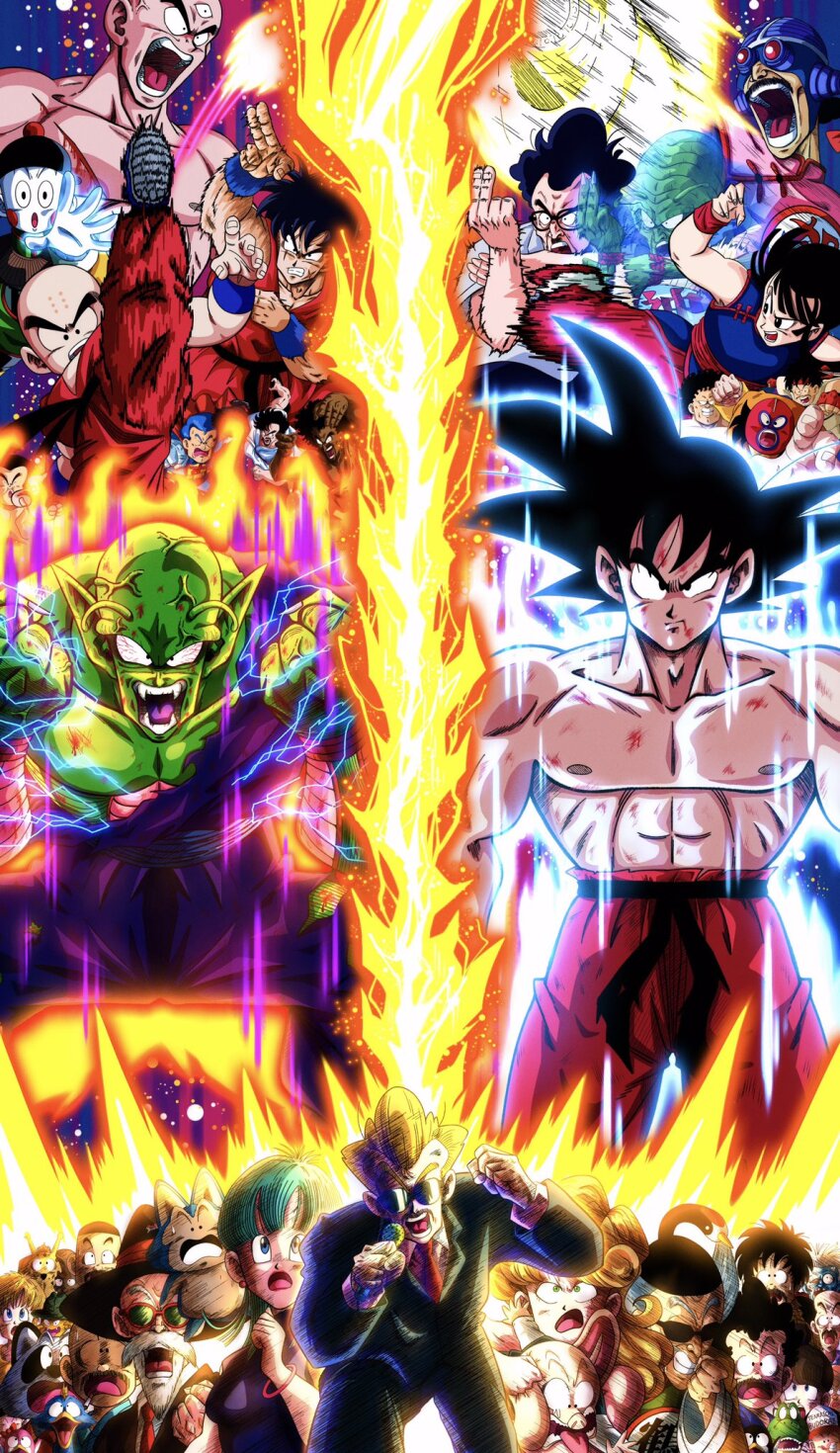 angry, aura, chaozu, chi-chi_(dragon_ball), dragon_ball, dragon_ball_(classic), energy, facing_each_other, highres, kuririn, muscular, muscular_male, piccolo, serious, son_goku, tagme, tao_pai_pai, tenshinhan, yamcha