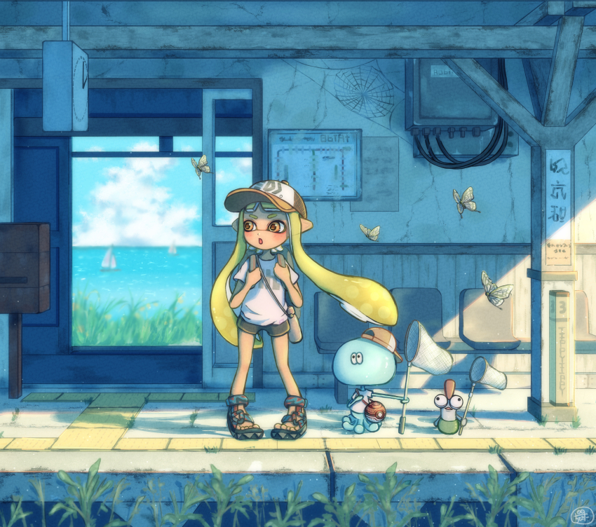 1girl, :o, absurdres, analog_clock, backpack, backwards_hat, bag, baseball_cap, black_footwear, black_shorts, blonde_hair, blue_sky, blurry, blurry_background, blush, boat, bottle, brown_bag, bug, butterfly, butterfly_net, cable, chair, clock, cloud, commentary_request, day, floating_hair, grass, hand_net, hands_up, hat, highres, holding, holding_butterfly_net, horizon, inkling, inkling_girl, inkling_player_character, insect, jellyfish_(splatoon), long_hair, mohawk, moromi_(kscd4482), multicolored_headwear, nintendo, ocean, open_mouth, outdoors, paper, plant, pointy_ears, poke_ball_symbol, red_hair, sailboat, sandals, scenery, shirt, short_eyebrows, short_shorts, short_sleeves, shorts, shoulder_bag, sidelocks, sign, silk, sky, sliding_doors, smallfry_(splatoon), spider_web, splatoon_(series), sports_sandals, standing, stone_floor, t-shirt, tentacle_hair, toes, train_station, v-shaped_eyebrows, very_long_hair, water, water_bottle, watercraft, white_shirt, window, yellow_eyes