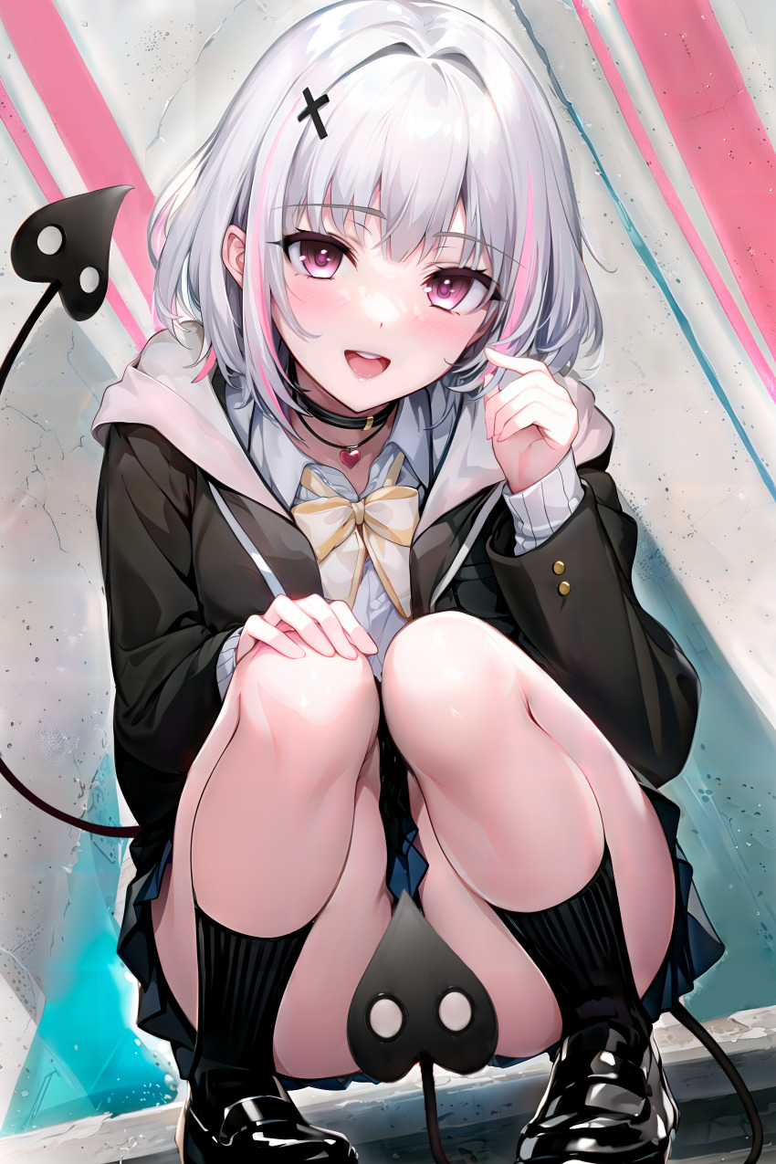 1girl, absurdres, ass, asumi_sena, asumi_sena_(4th_costume), black_choker, black_footwear, black_jacket, black_socks, blue_skirt, blush, bow, bowtie, breasts, choker, dress, grey_hair, hair_ornament, highres, jacket, long_hair, long_sleeves, looking_at_viewer, medium_hair, multicolored_hair, open_mouth, pink_eyes, pink_hair, pleated_skirt, school_uniform, shirt, skirt, small_breasts, smile, socks, solo, squatting, streaked_hair, sugiki, teeth, thighs, upper_teeth_only, virtual_youtuber, vspo!, white_shirt, x_hair_ornament, yellow_bow, yellow_bowtie