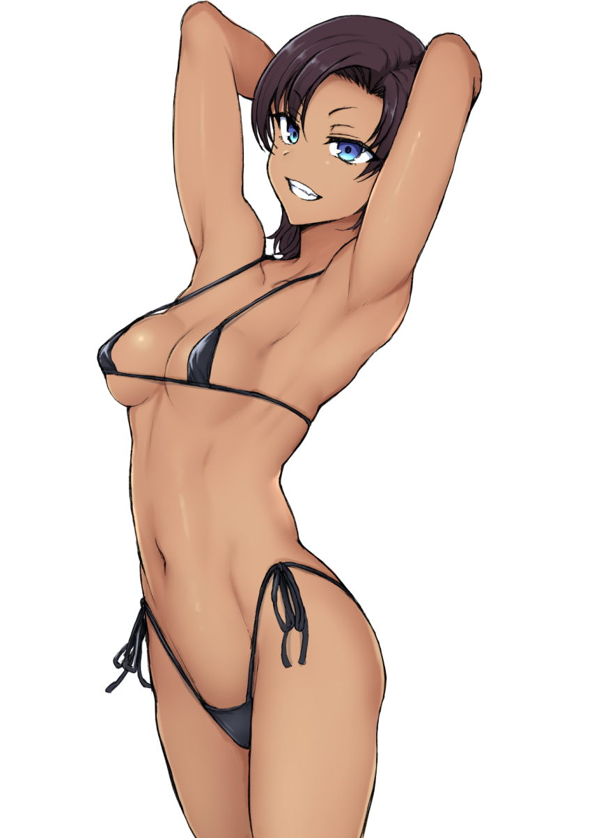 1girl, aiue_oka, armpits, arms_behind_head, bikini, black_bikini, black_hair, blue_eyes