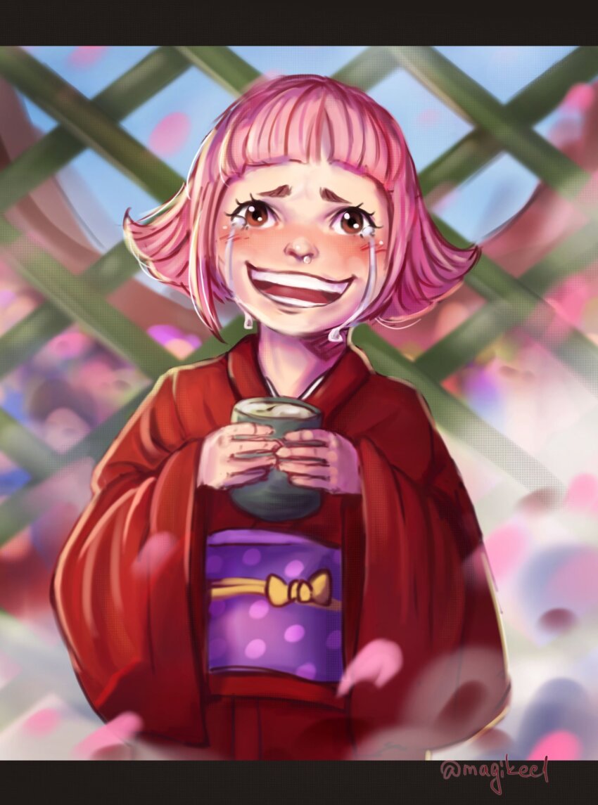 1girl, artist_name, blunt_bangs, blush, child, crying, crying_with_eyes_open, highres, holding, magikee1, one_piece, open_mouth, orange_eyes, pink_hair, realistic, short_hair, smile, solo, tearing_up, tears, teeth, toko_(one_piece)
