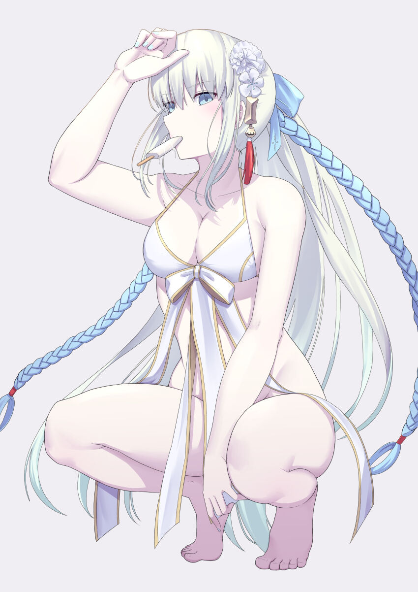 1girl, absurdres, aesc_(fate), bare_shoulders, barefoot, blue_eyes, blush, braid