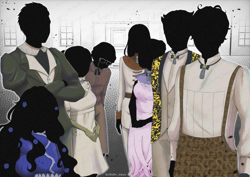 3girls, 5boys, barbara_(shadows_house), belt, benjamin_(shadows_house), blue_bow, blue_bowtie, blue_dress, blurry, bow, bowtie, brown_shorts, christopher_(shadows_house), collared_shirt, crossed_arms, dress, dress_shirt, edward_(shadows_house), eileen_(shadows_house), eyewear_strap, facing_viewer, gerald_(shadows_house), glasses, gloves, green_gloves, green_jacket, hair_bun, hair_ornament, half_updo, highres, hunched_over, jacket, juliet_sleeves, lineup, long_hair, long_sleeves, multiple_boys, multiple_girls, neck_ruff, nomayu, oliver_(shadows_house), pants, pink_dress, print_jacket, puffy_sleeves, shadows_house, shirt, short_hair, shorts, single_hair_bun, soot, standing, susanna_(shadows_house), suspenders, twitter_username, white_dress, white_pants, white_shirt, wing_collar, yellow_jacket