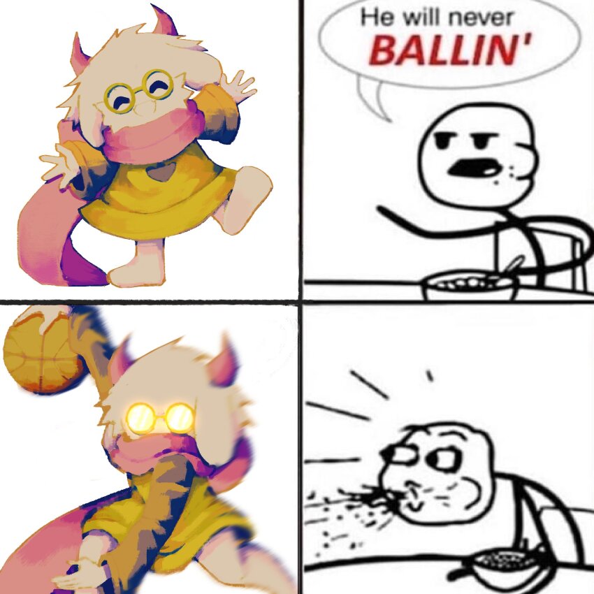 2boys, 4koma, ^_^, alicezakat, animal_ears, arm_up, arms_up, ball, barefoot, basketball, basketball_(object), body_fur, bowl, bulging_eyes, cereal, cereal_guy_(meme), closed_eyes, comic, covered_mouth, deltarune, dress, eating, english_text, eye_pop, facing_viewer, fangs, full_body, furry, furry_male, glasses, glowing, glowing_eyes, goat_boy, goat_ears, green-framed_eyewear, green_dress, grey_fur, half-closed_eyes, happy, highres, holding, holding_ball, horns, leg_up, long_sleeves, male_focus, meme, motion_blur, multiple_boys, multiple_views, opaque_glasses, open_mouth, outstretched_arms, pince-nez, ralsei, red_horns, red_scarf, round_eyewear, scarf, simple_background, smile, speech_bubble, spit_take, spitting, spread_arms, standing, standing_on_one_leg, stick_figure, straight-on, surprised, talking, utdr_(toby_fox), white_background