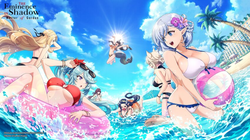 6+girls, alpha_(kagejitsu), beach, beta_(kagejitsu), bikini, blonde_hair, blue_eyes, breasts