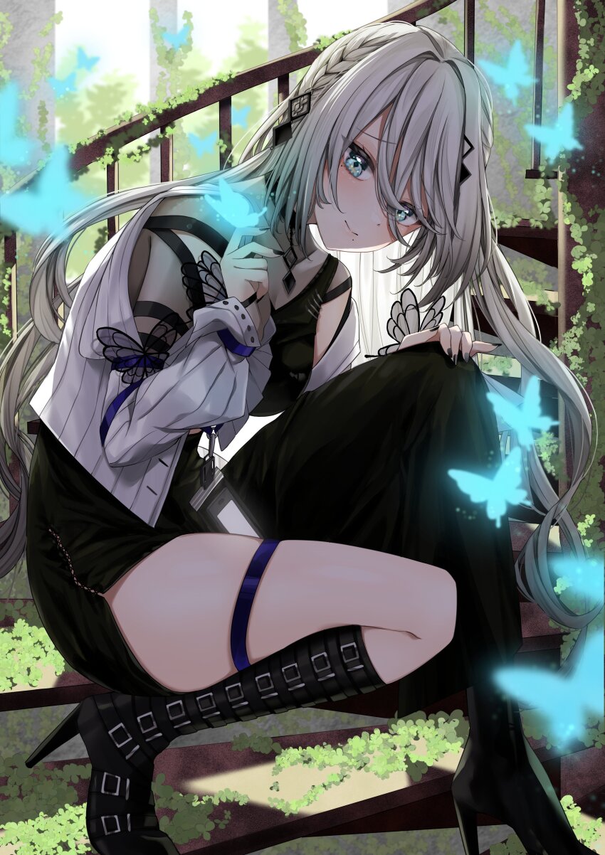 1girl, absurdres, black_boots, black_dress, black_nails, blue_eyes, boots, bug