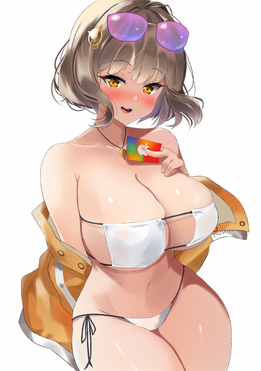 1girl, :d, absurdres, ahoge, anis_(nikke), anis_(sparkling_summer)_(nikke), bare_shoulders, bikini, blush, breasts, breasts_day, card, cleavage, collarbone, cowboy_shot, eyepatch_bikini, eyewear_on_head, goddess_of_victory:_nikke, hair_ornament, highres, holding, holding_card, jacket, jewelry, large_breasts, light_brown_hair, navel, necklace, neku_(sky_hologram), off-shoulder_jacket, off_shoulder, official_alternate_costume, open_mouth, pink-tinted_eyewear, short_hair, side-tie_bikini_bottom, simple_background, smile, solo, string_bikini, sunglasses, swimsuit, tinted_eyewear, white_background, white_bikini, yellow_eyes, yellow_jacket