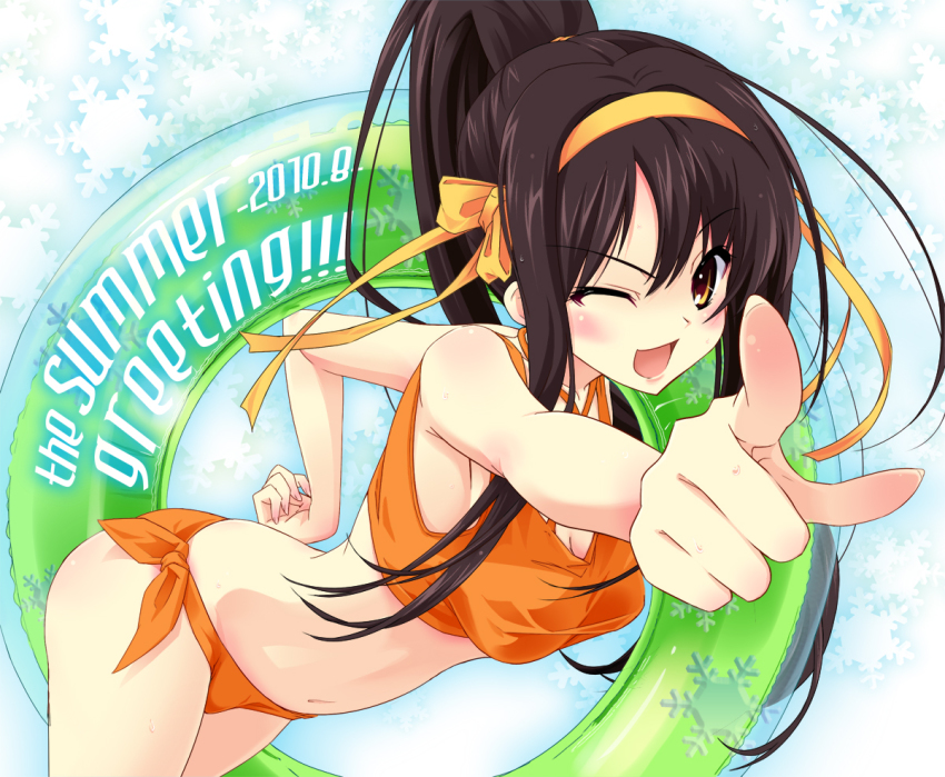 1girl, alternate_hairstyle, bikini, breasts, brown_eyes, brown_hair, cleavage, crop_top, female_focus, foreshortening, hair_ribbon, hairband, innertube, long_hair, one_eye_closed, orange_bikini, pointing, ponytail, ribbon, shirt, side-tie_bikini_bottom, solo, sumire_(artist), suzumiya_haruhi, suzumiya_haruhi_no_yuuutsu, swim_ring, swimsuit, taut_clothes, taut_shirt, urabi_(tomatohouse), wink, yellow_eyes