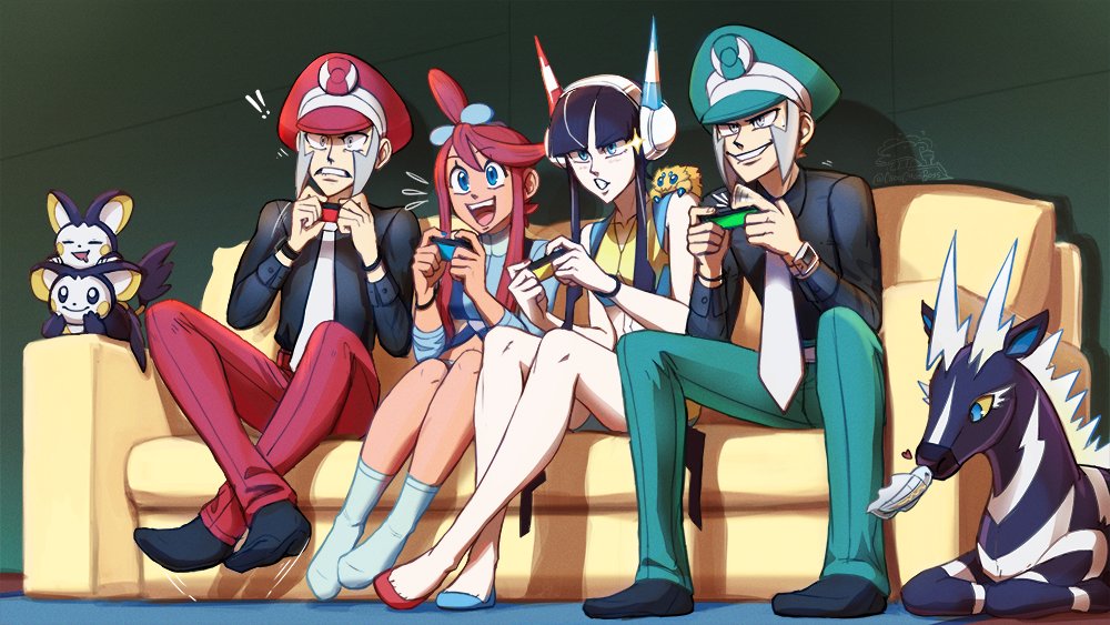 2boys, 2girls, bare_shoulders, black_hair, choochooboss, couch, crop_top, dark-skinned_female