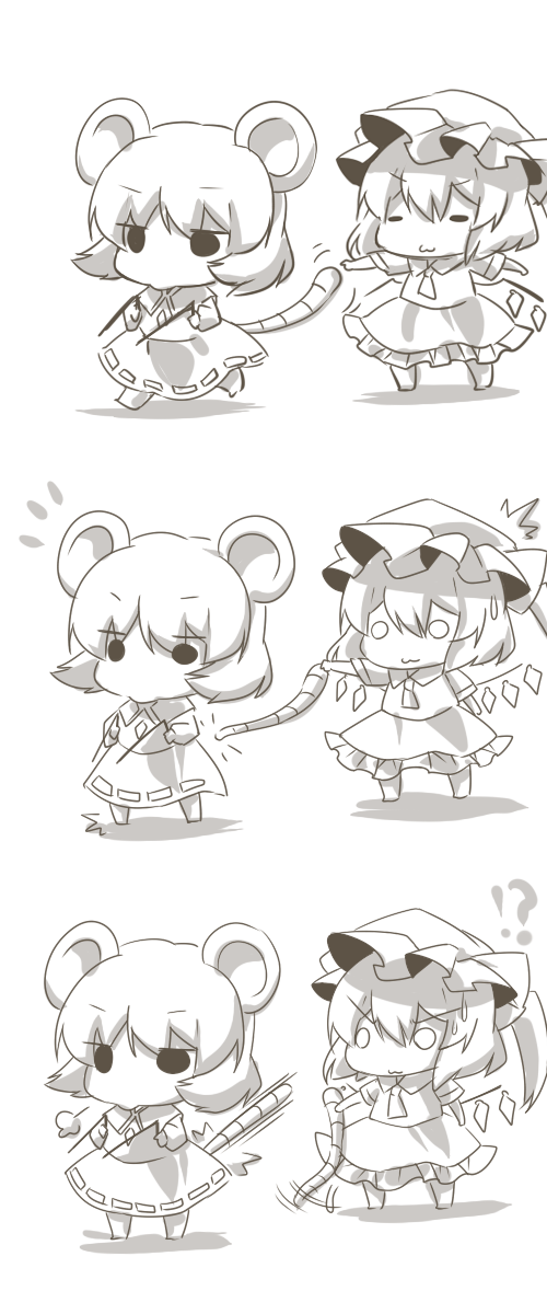 !?, 2girls, :>, :3, animal_ears, bad_id, bad_pixiv_id, chibi, comic, eiri_(eirri), female_focus, flandre_scarlet, greyscale, hat, highres, mob_cap, monochrome, mouse_ears, mouse_tail, multiple_girls, multiple_tails, nazrin, o_o, remilia_scarlet, respawn, silent_comic, tail, touhou