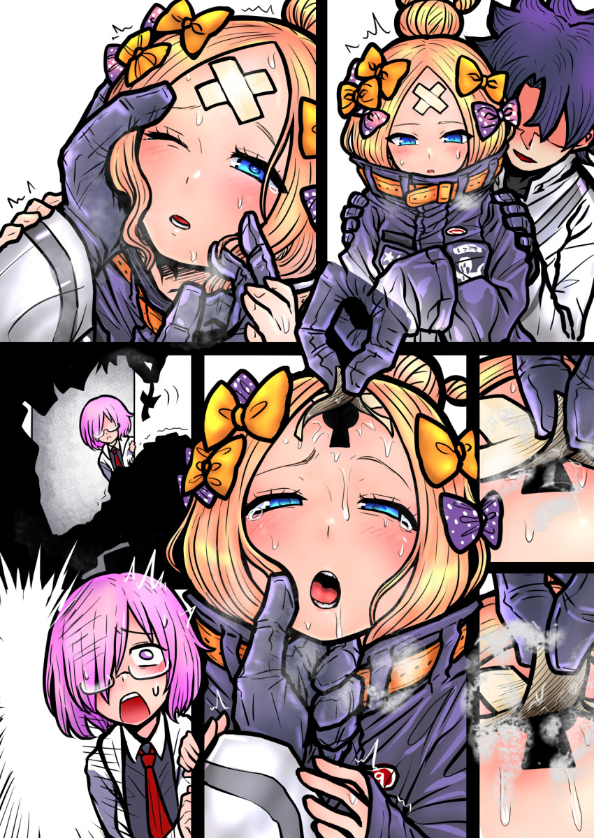 1boy, 2girls, abigail_williams_(fate), abigail_williams_(traveling_outfit)_(fate), bandaid, bandaid_on_face, bandaid_on_forehead, black_gloves, black_hair, black_jacket, blonde_hair, blue_eyes, blush, bow, chaldea_uniform, crossed_bandaids, fate/grand_order, fate_(series), fujimaru_ritsuka_(male), glasses, gloves, hair_bow, hair_bun, hair_over_one_eye, highres, jacket, keyhole, light_purple_hair, long_sleeves, mash_kyrielight, multiple_girls, multiple_hair_bows, nazo_no_diaboro, one_eye_closed, open_mouth, orange_bow, parted_bangs, polka_dot, polka_dot_bow, removing_bandaid, short_hair, single_hair_bun, sleeves_past_fingers, sleeves_past_wrists, steaming_body, surprised, sweat, textless_version
