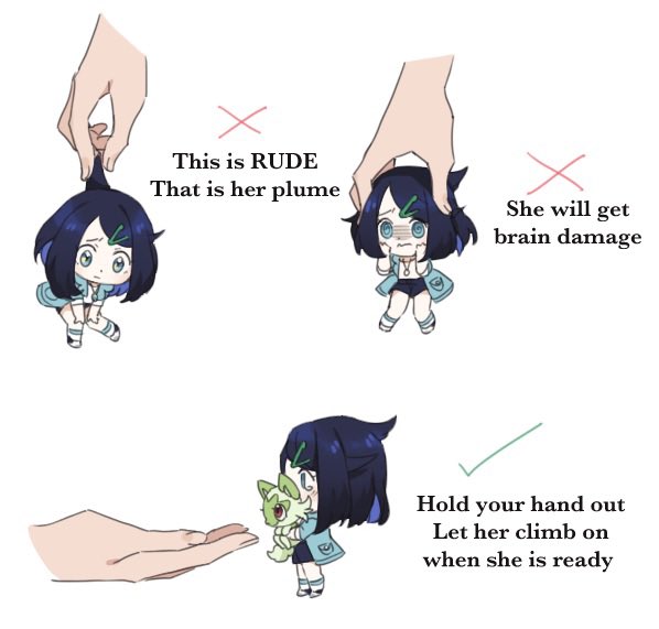 1girl, 1other, @_@, angel_(sunnyknights), black_hair, black_shorts, carrying, coat, commentary, cowlick, cross, english_text, green_coat, green_eyes, hair_ornament, hairclip, high-waist_shorts, holding, holding_pokemon, how_to_hold_x_(meme), jewelry, liko_(pokemon), looking_down, meme, mini_person, minigirl, multiple_views, necklace, nintendo, pokemon, pokemon_(anime), pokemon_(creature), pokemon_horizons, raised_eyebrows, shirt, shoes, shorts, socks, sprigatito, standing, tick, white_footwear, white_shirt, white_socks