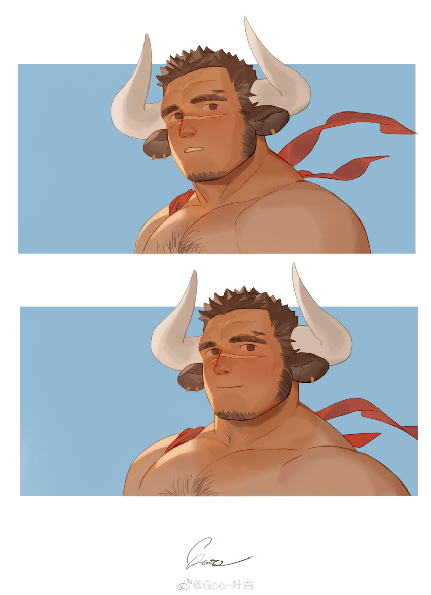 1boy, absurdres, animal_ears, bara, blue_sky, brown_hair, chest_hair, cow_ears