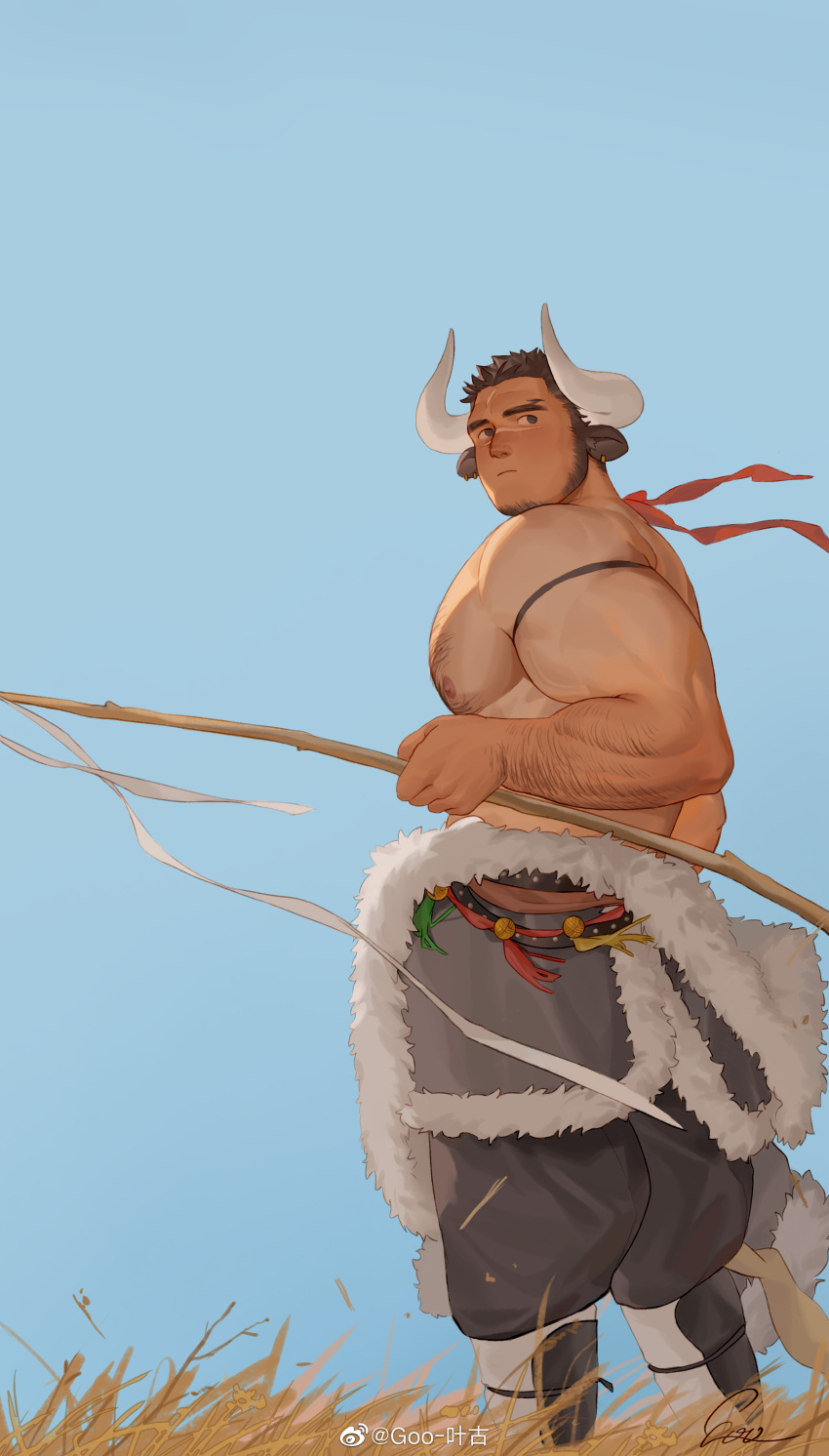 1boy, absurdres, animal_ears, arm_hair, bara, blue_sky, brown_hair, chest_hair