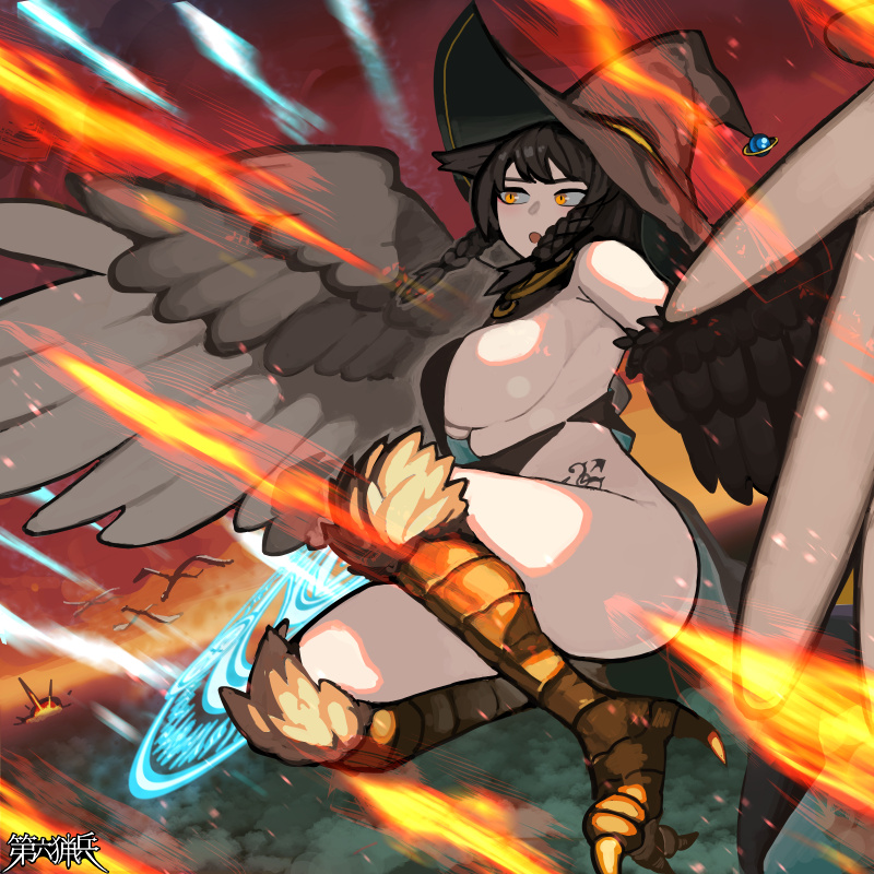 1girl, aura_venefika, bird_legs, black_hair, braid, breasts, copyright_name, dairoku_ryouhei, feathered_wings, full_body, harpy, hat, large_breasts, long_hair, magic, mahaguriy, monster_girl, solo, talons, tattoo, twin_braids, winged_arms, wings, witch_hat, yellow_eyes