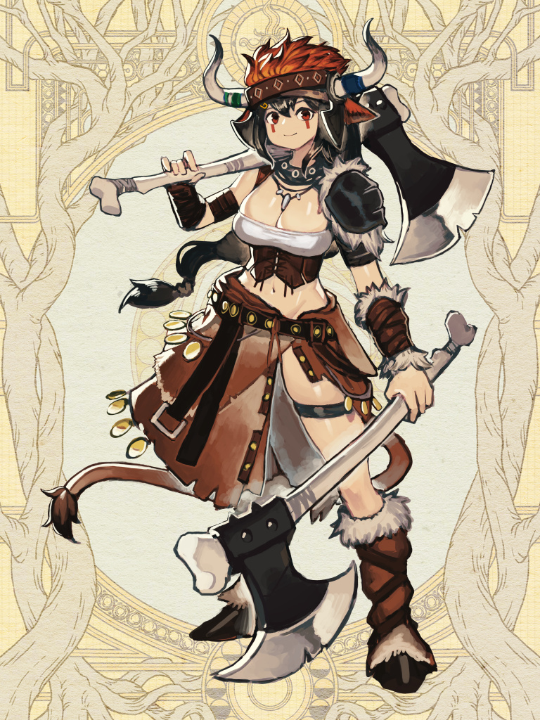 1girl, animal_ears, axe, black_hair, breasts, brown_hair, brown_skirt, cleavage