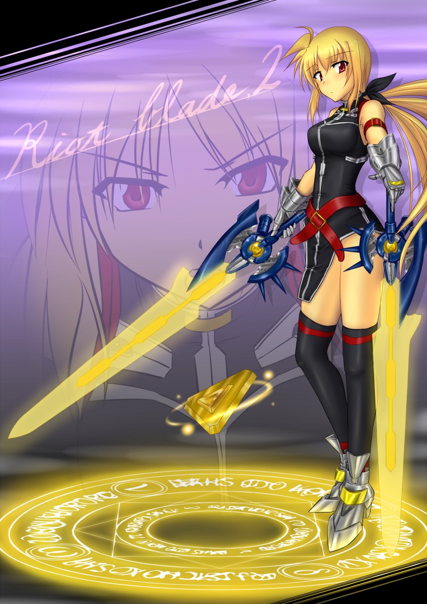 00s, bardiche_(nanoha), bardiche_(riot_blade_ii)_(nanoha), bardiche_(standby_form)_(nanoha), belt, blonde_hair, dual_wielding, energy_sword