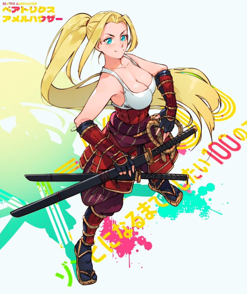 1girl, armor, bare_shoulders, beatrix_amerhauser, black_gloves, blonde_hair, blue_eyes, breasts