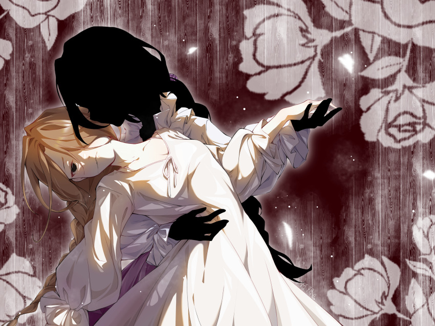 2girls, absurdres, braid, braided_ponytail, breasts, brown_hair, center_frills, collarbone