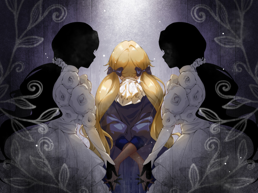 3girls, belle_(shadows_house), blonde_hair, blue_background, blue_bow, blue_dress, bow, cowboy_shot
