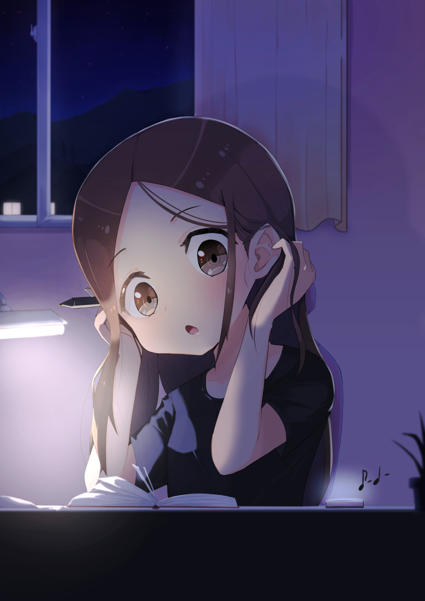 1girl, absurdres, black_shirt, book, brown_eyes, brown_hair, eighth_note, hand_up