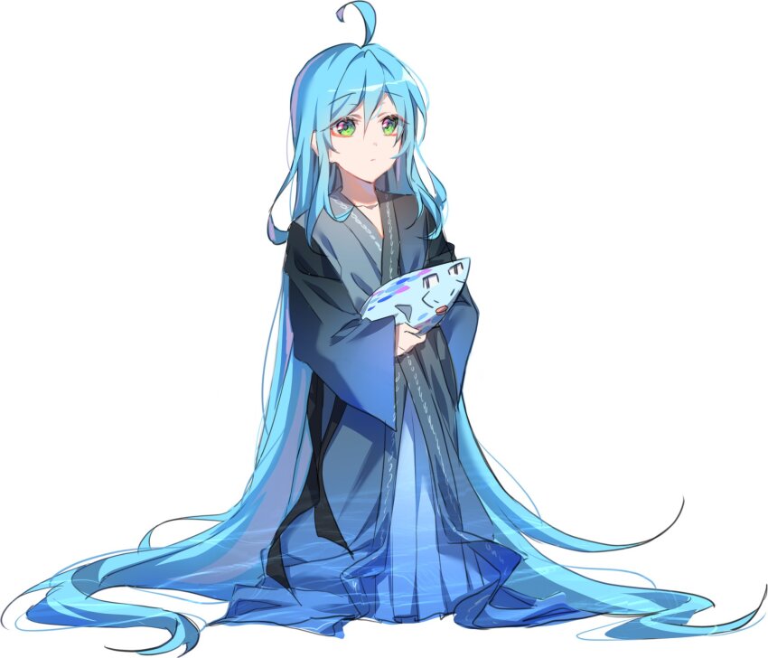 1boy, ahoge, alternate_hair_length, alternate_hairstyle, blue_hair, blue_kimono, child, closed_mouth