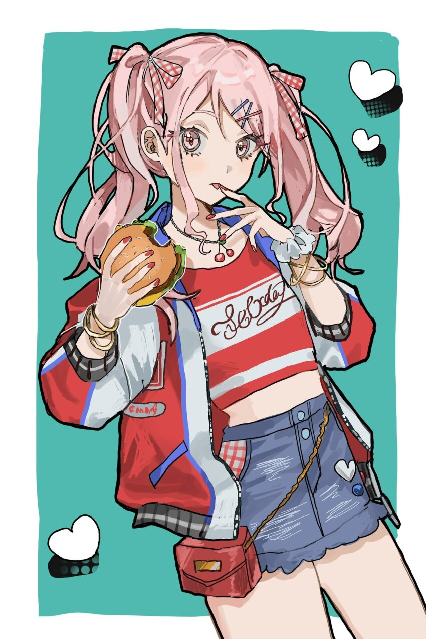 1other, akiyama_mizuki, androgynous, aqua_background, bag, border, burger, commentary