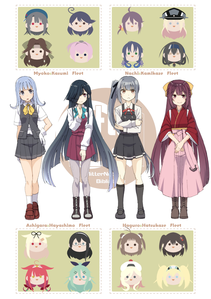 4girls, absurdres, akebono_(kancolle), anchor_ornament, aqua_bow, aqua_bowtie, ascot, bismarck_(kancolle)